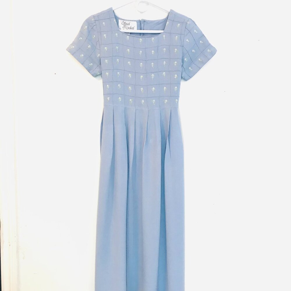 dress blue midi 6 petite zip embroidery floral cottagecore coastal teacher - Picture 3 of 12